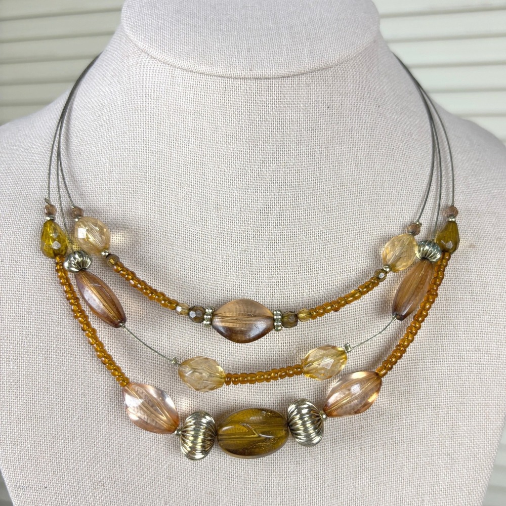 Modernist Gunmetal Multi Strand Brown Amber Gold Bead Choker‎ Necklace Collar